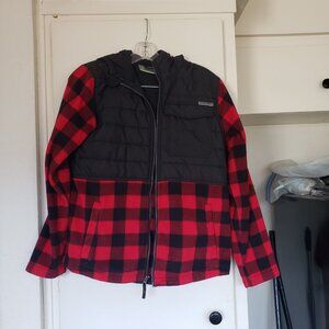 Free Country Plaid Red and Black flannel jacket with down parts and hood. Size L